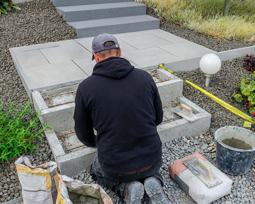 Handwerker baut Betontreppe im Garten- und Eingangsbereich