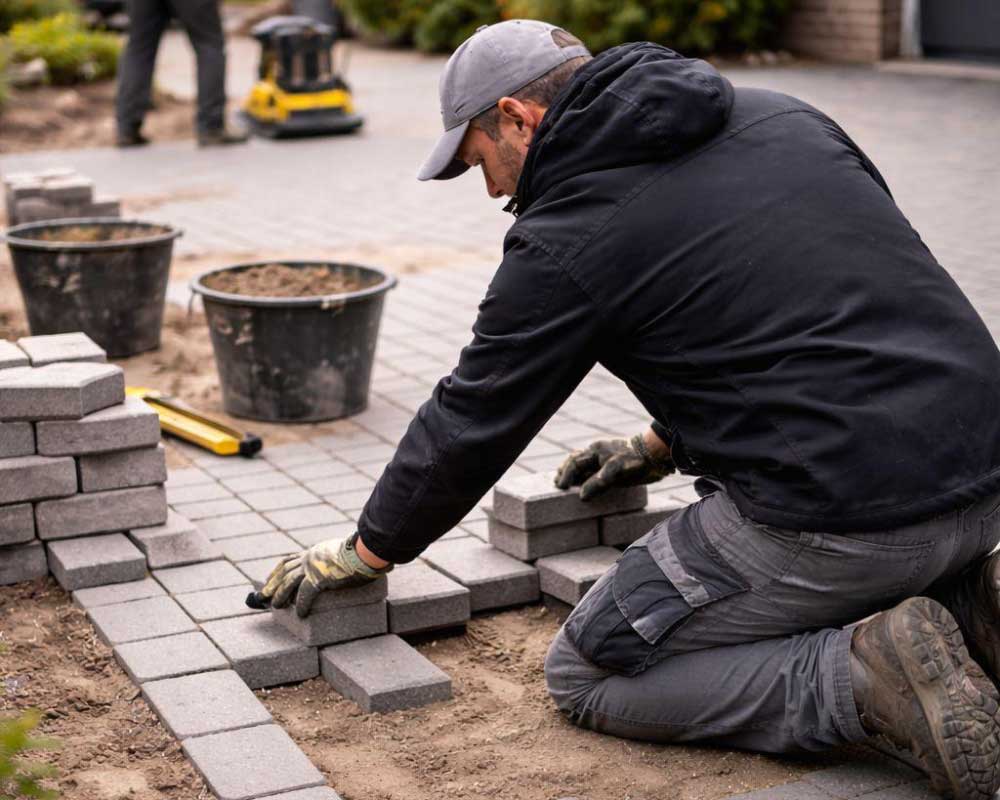 Handwerker verlegt Pflastersteine im Außenbereich
