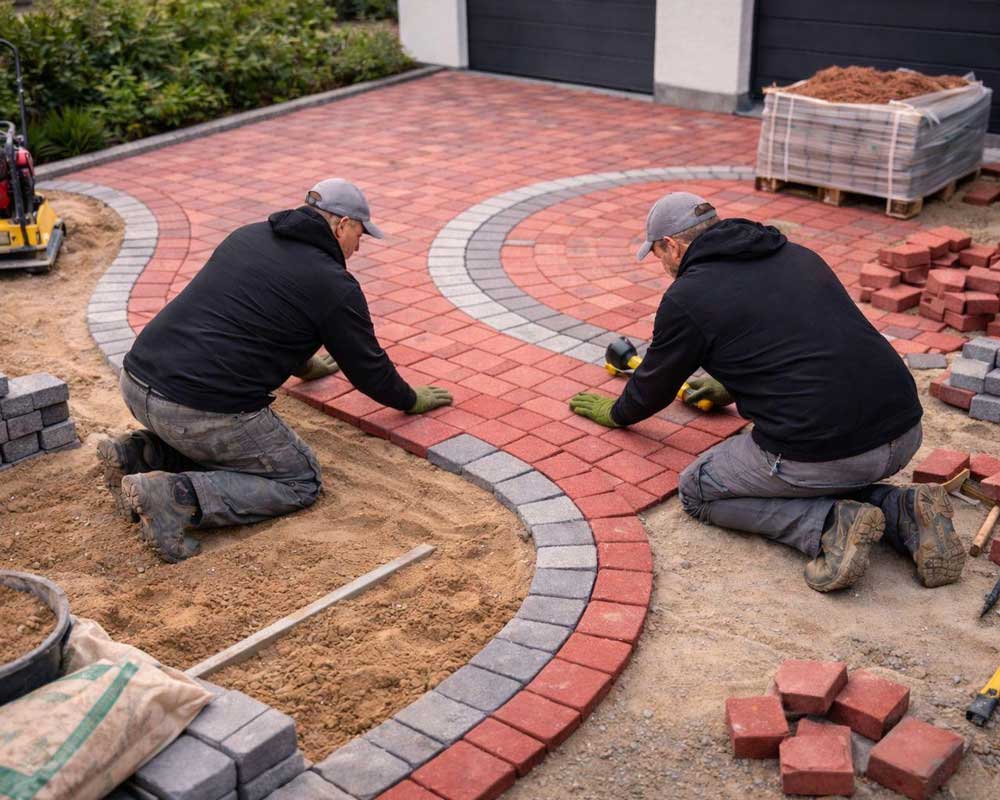 Handwerker verlegen Pflastersteine mit geschwungenem Muster für Hofeinfahrt