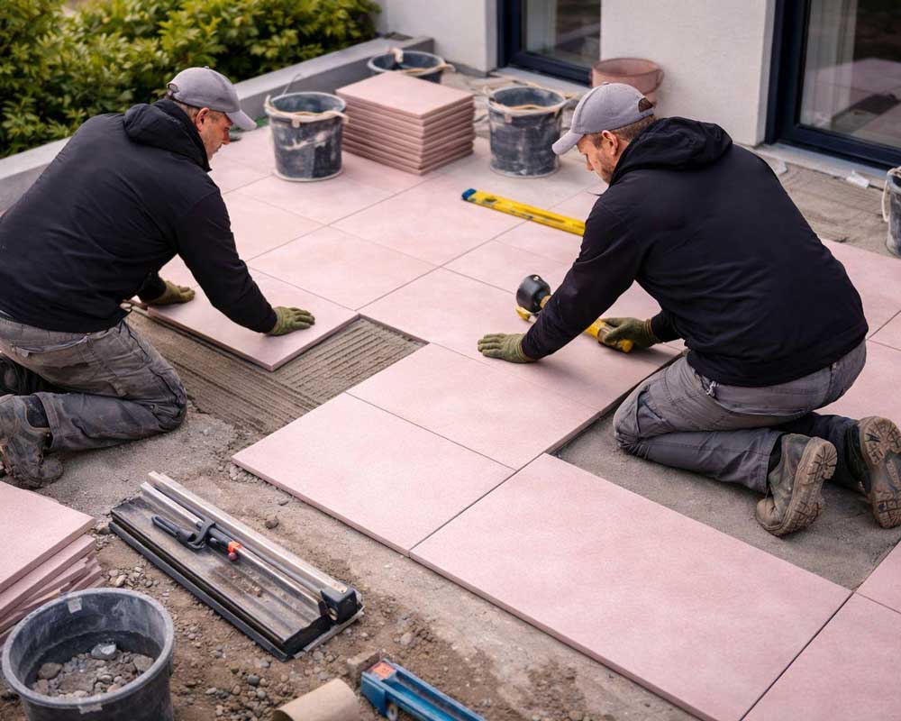 Handwerker verlegen großformatige Terrassenplatten im Außenbereich